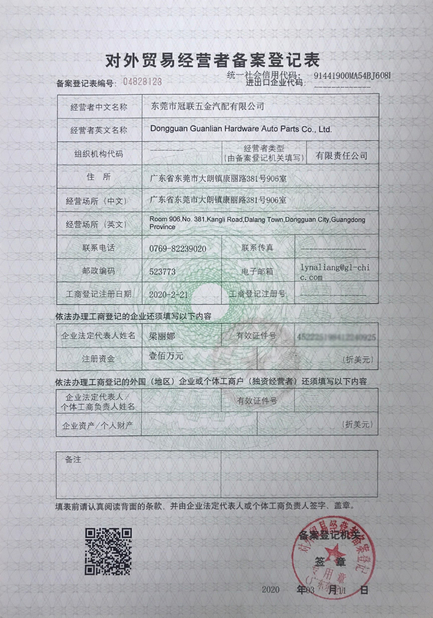 China Dongguan Guanlian Hardware Auto Parts Co., Ltd. certification
